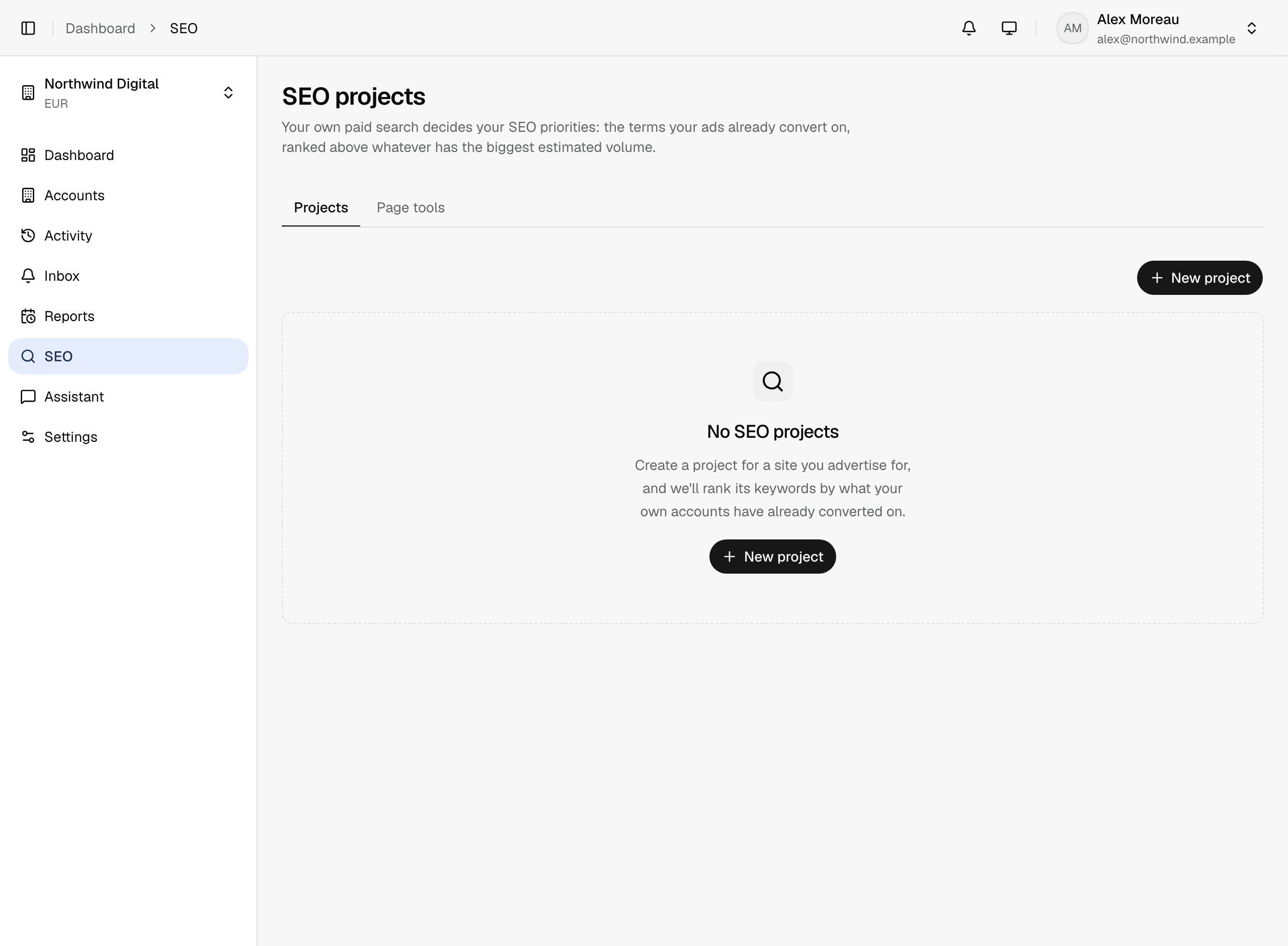 The SEO screen: a ranked keyword table where every figure carries its evidence tier, a cluster list, and a coverage panel showing how much of the account's search traffic Google names.